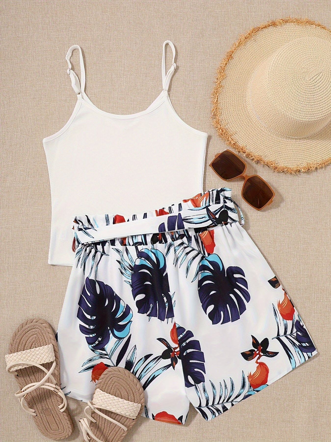 2PC Shorts and Sleeveless V-neck Cami Top