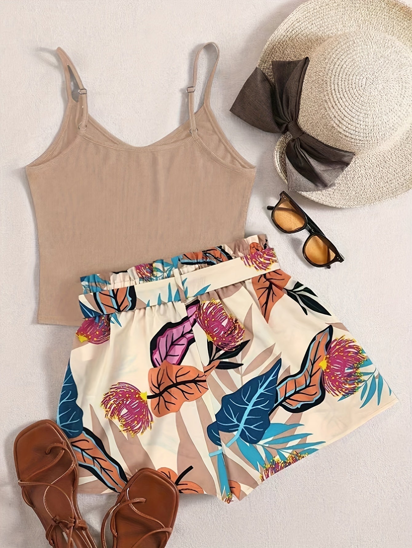 2PC Shorts and Sleeveless V-neck Cami Top