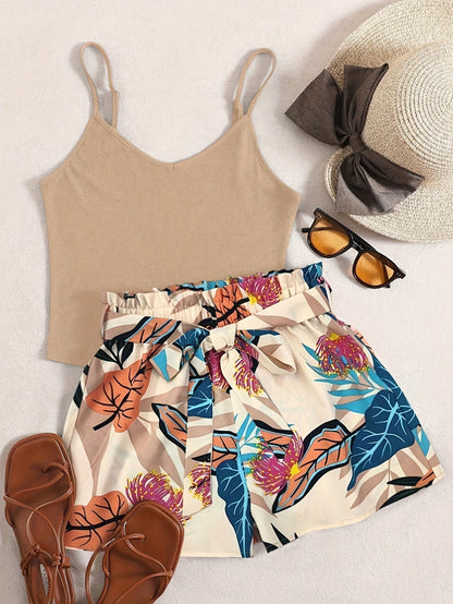 2PC Shorts and Sleeveless V-neck Cami Top